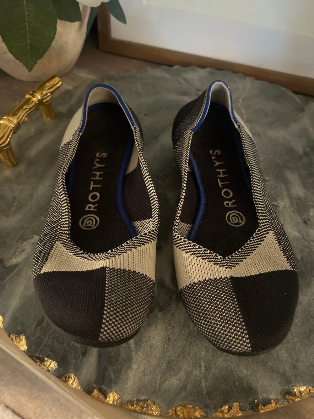 Rothy's The Flat Cap Toe Shoes 6 Ballet Flats Heritage Tartan Plaid Navy Gray